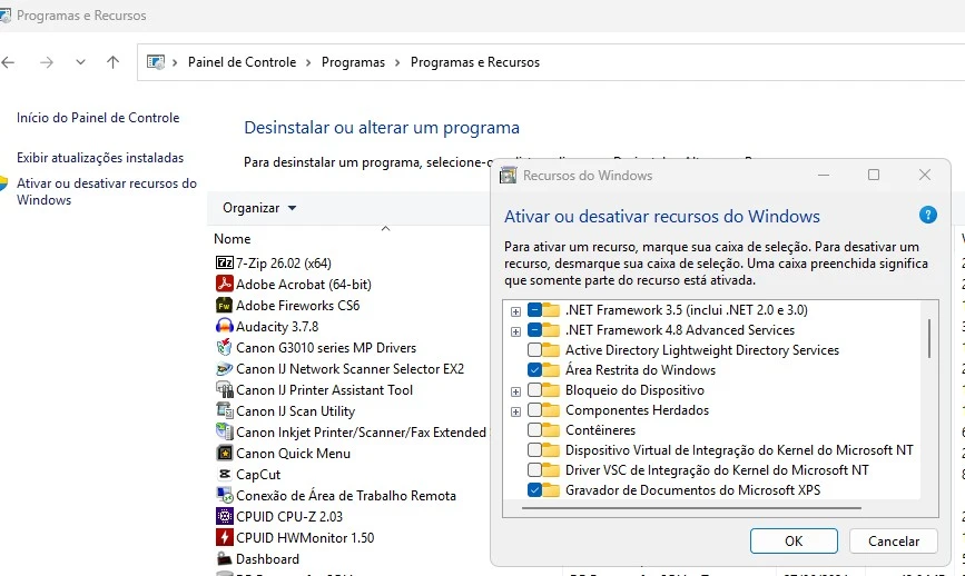 ativar desativar recursos do windows