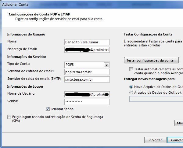 adicionar conta outlook pop3 imap