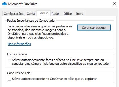 onedrive gerenciar backup