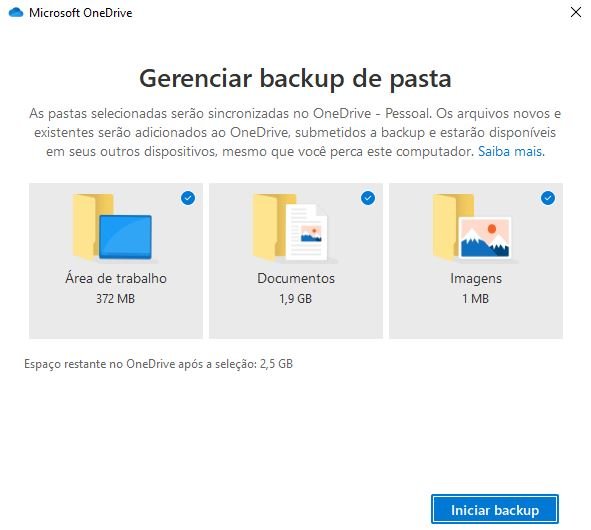 gerenciar backup no onedrive