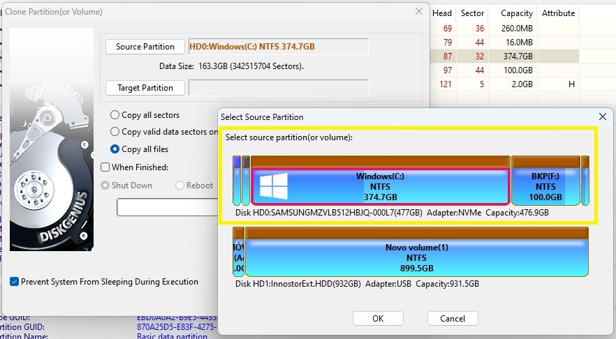 diskgenius selecionar source partition