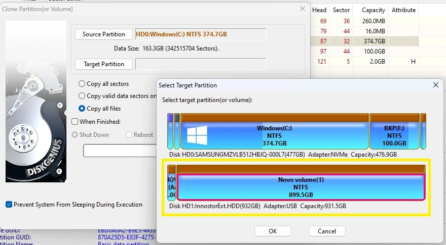diskgenius selecionar target partition