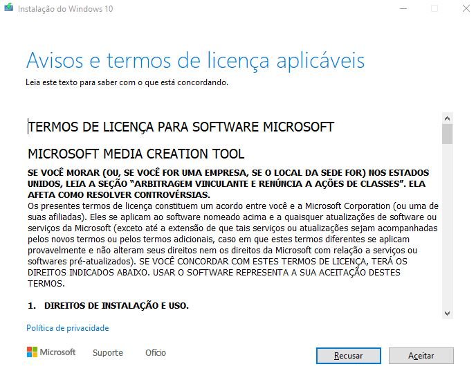 termos e licença do windows