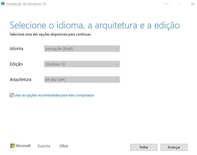 configuração do idioma, edição e arquitetura do windows