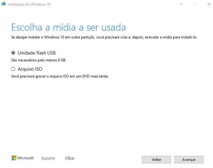 escolher a mídia a ser usada na instalação do windows