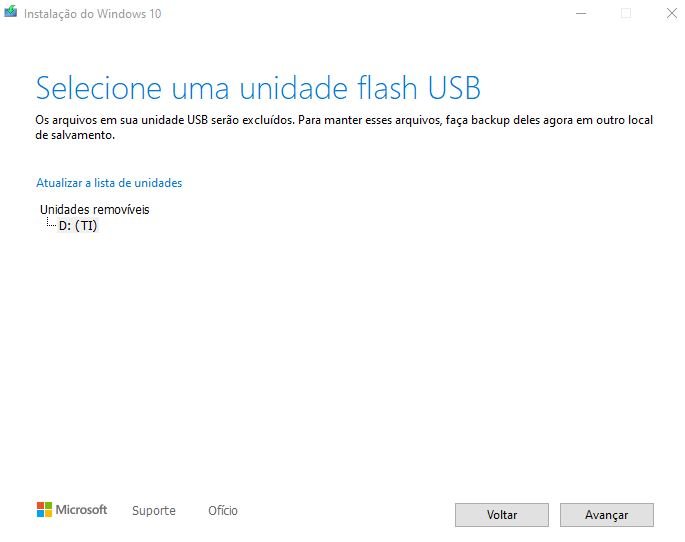 selecionar a unidade flash usb para instalar o windows