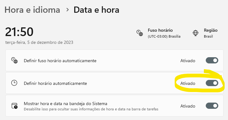 ajustar data e hora do windows