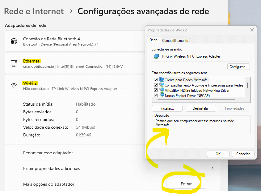 propriedades de rede e internet do windows