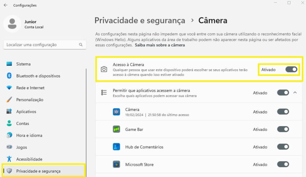 ativar camera windows 11