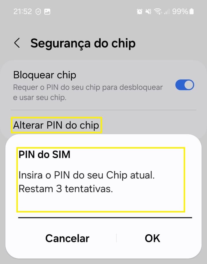 alterar pin do celular
