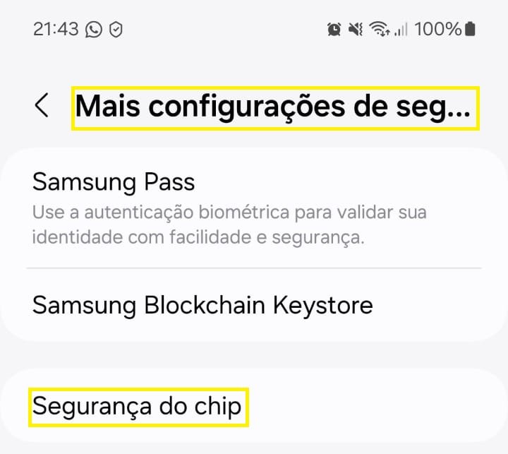 configurações de segurança do chip