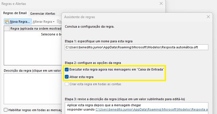 outlook executar regra