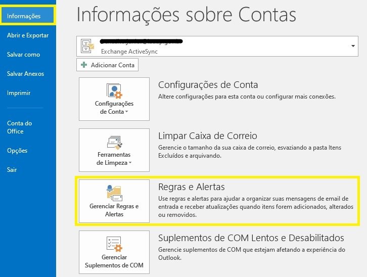 outlook gerenciar regras e alertas