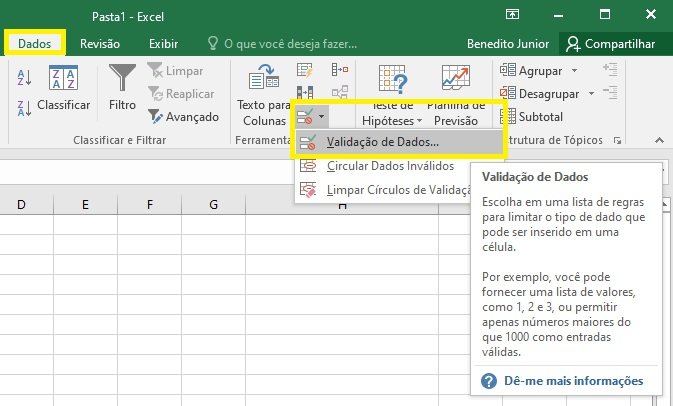 excel lista suspensa validação de dados