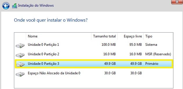 partição primária do windows