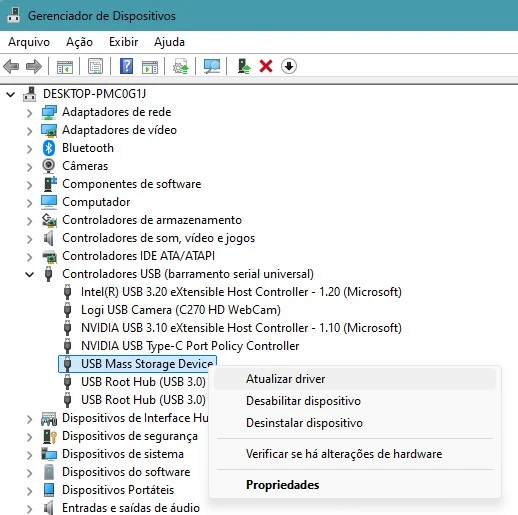 gerenciador de dispositivos usb