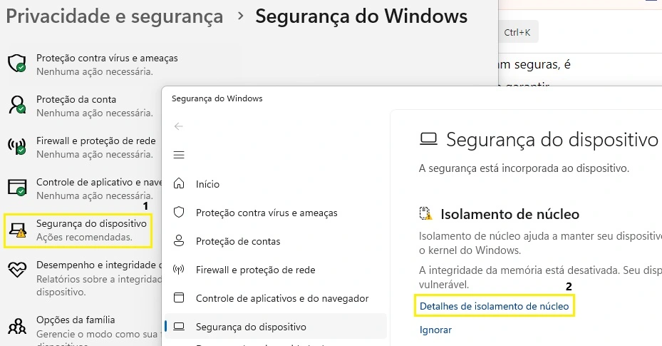 detalhes de isolamento de nucleo do windows