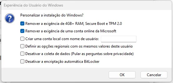 personalização da criação do disco de instalação do windows 11