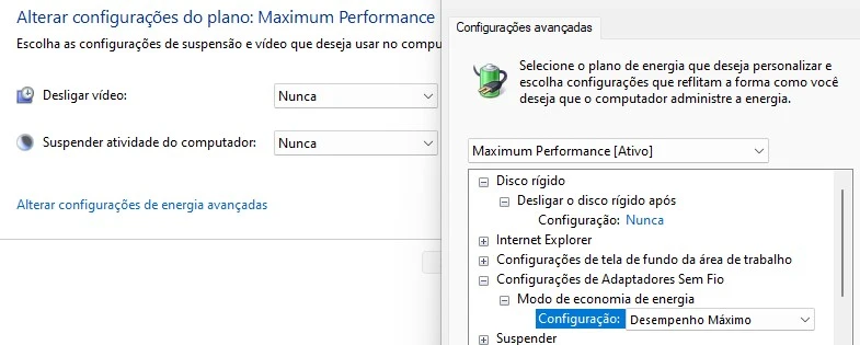 configurações de energia do adaptador de rede do windows