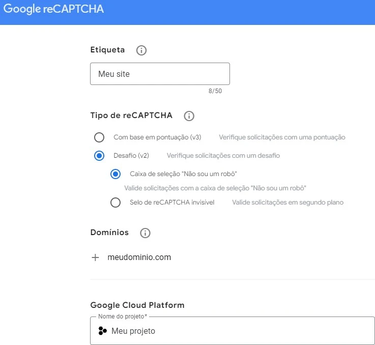 criação do recaptcha google