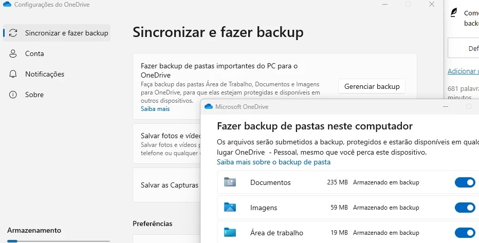 backup de pastas no onedrive