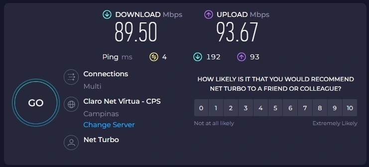 medição da velocidade da internet com o speedtest