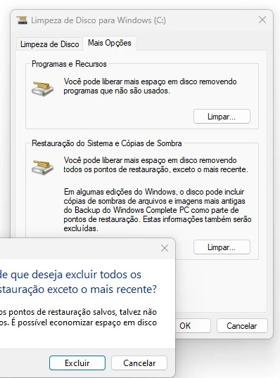 limpar ponto de restauração do windows