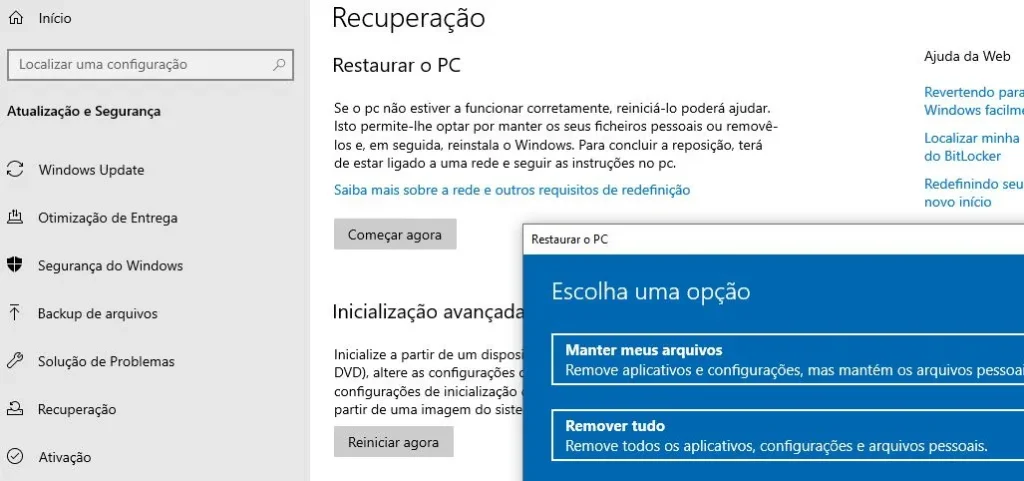 windows recuperação de fábrica mantendo todos os arquivos