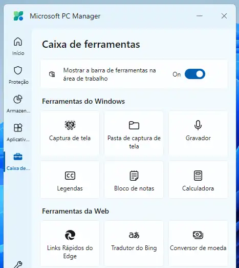 microsoft pc manager - barra ferramentas
