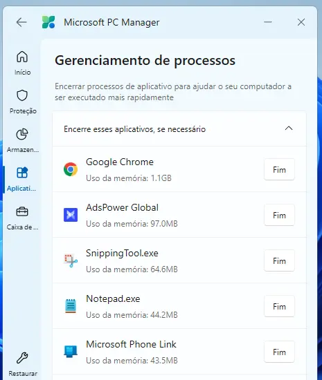 microsoft pc manager - processos