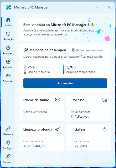 microsoft pc manager - tela inicial
