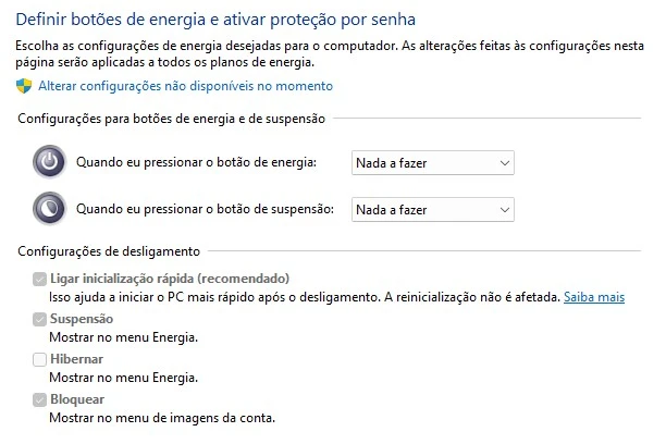 opções de energia suspensão