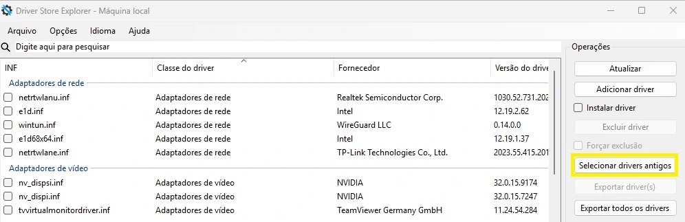 driver store explorer - selecionar drivers antigos