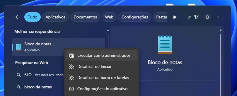 bloco de notas modo administrador