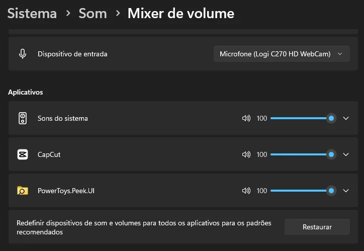 windows mixer de som